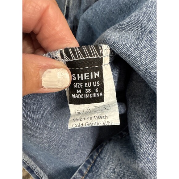 SHEIN Denim Dress Medium Snap Tiered Blue Cotton Long Sleeve Chambray - Picture 2 of 7